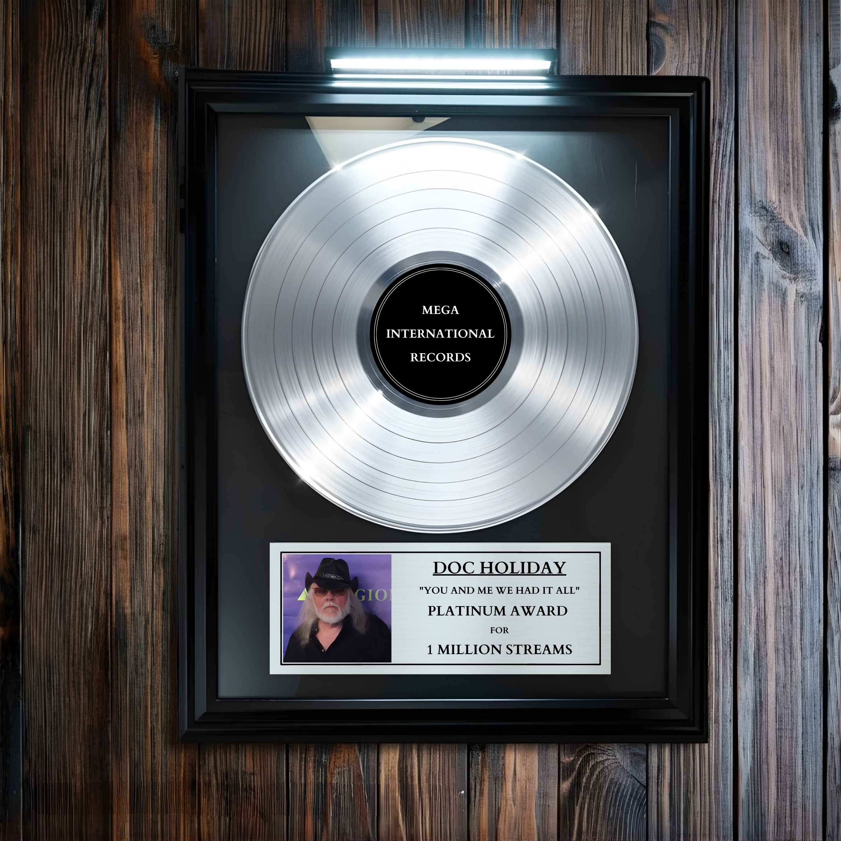 Platinum record award for Doc Holiday on a wooden background with an led picture frame light above it.