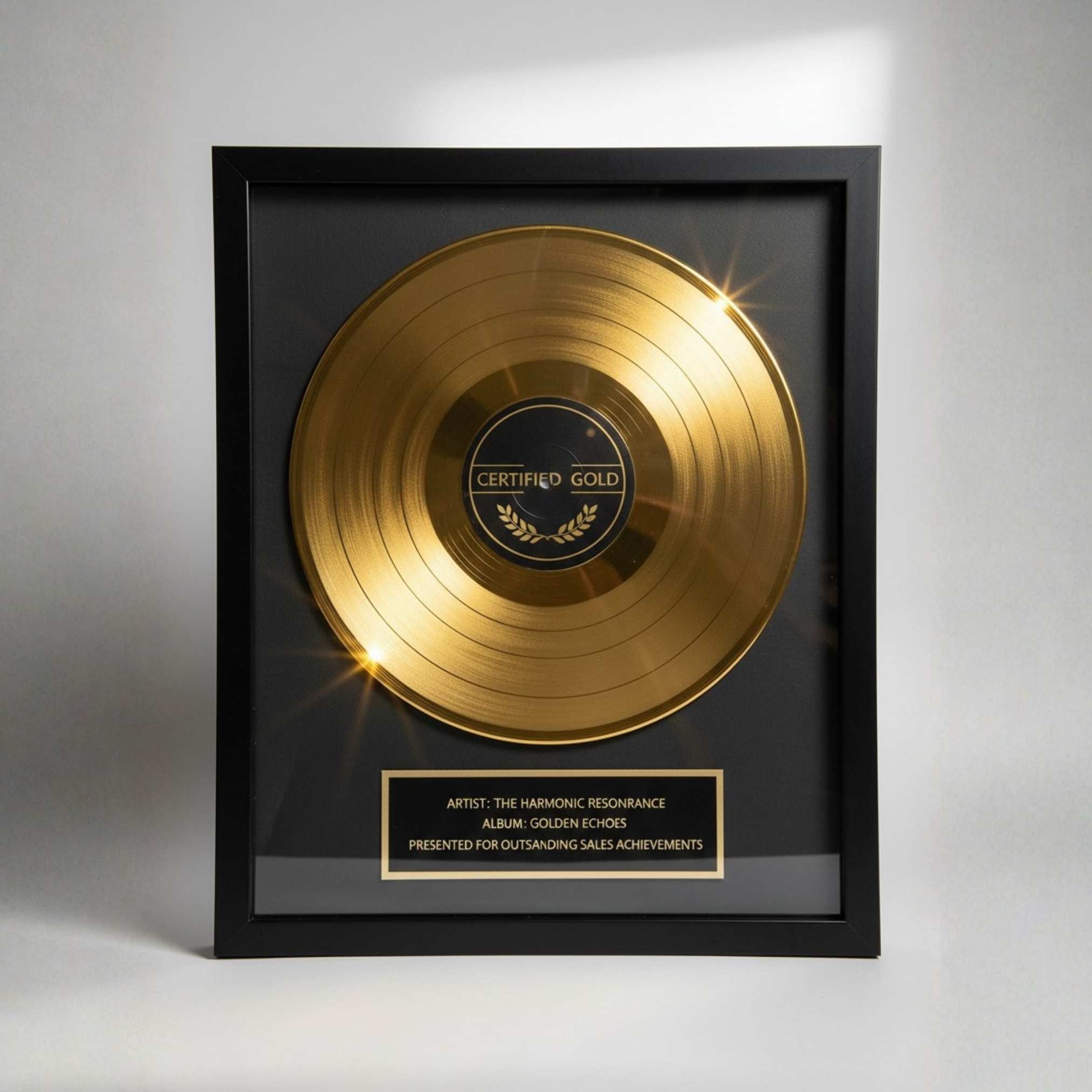 Gold record award in a black frame