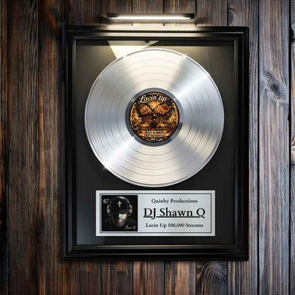 Framed silver vinyl record with a plaque on a wooden background and led picture frame light above it.