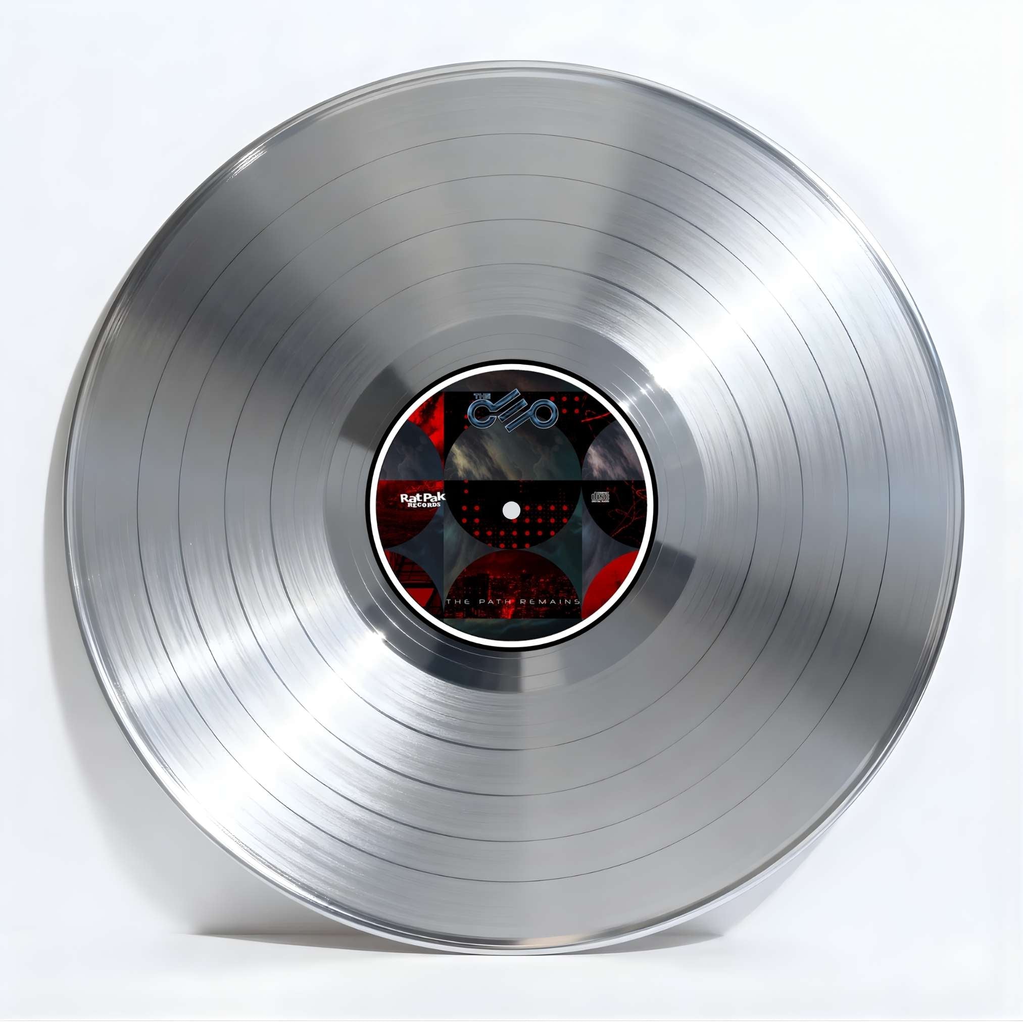 Silver vinyl record with a label on a white background