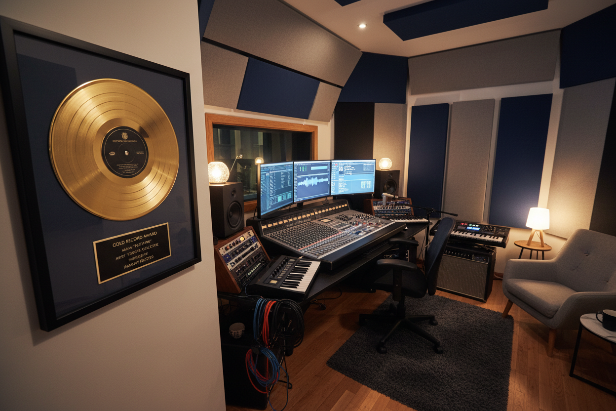 A small recording studio with nice lighting and a gold record award with a black centre label and black and gold plaque with some text on them. The record award has a black frame and is hanging on the wall.
The record award is 16" wide by 20" high with a 12" gold record with a nice shine on it.
The angle of the picture is 45 degrees