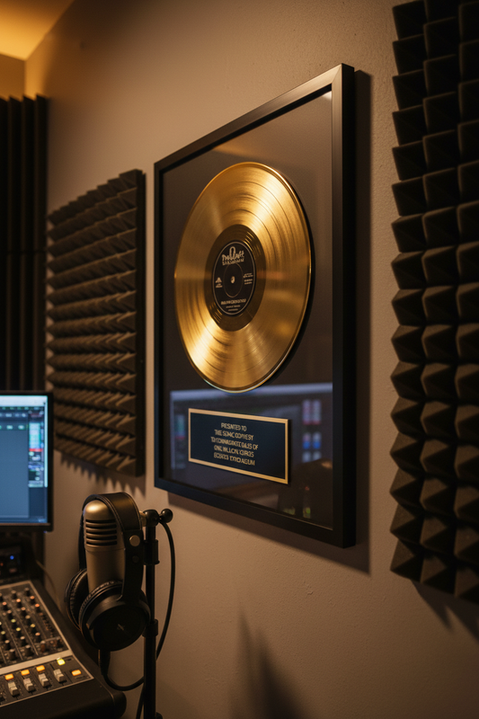 A small recording studio with nice lighting and a gold record award with a black centre label with some text and black and gold plaque with some text. The record award has a black frame and is hanging on the wall.
The record award is a rectangle 16" wide by 20" high with a 12" gold record with a nice shine on it.
The angle of the picture is 45 degrees