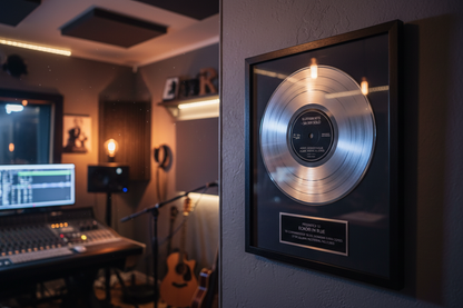 A small recording studio with nice lighting and a silver record award with a black centre label with some text and black and silver plaque with some text. The record award has a black frame and silver record and is hanging on the wall.
The record award is 16" wide by 20" high with a 12" gold record with a nice shine on it.
The angle of the picture is 45 degrees