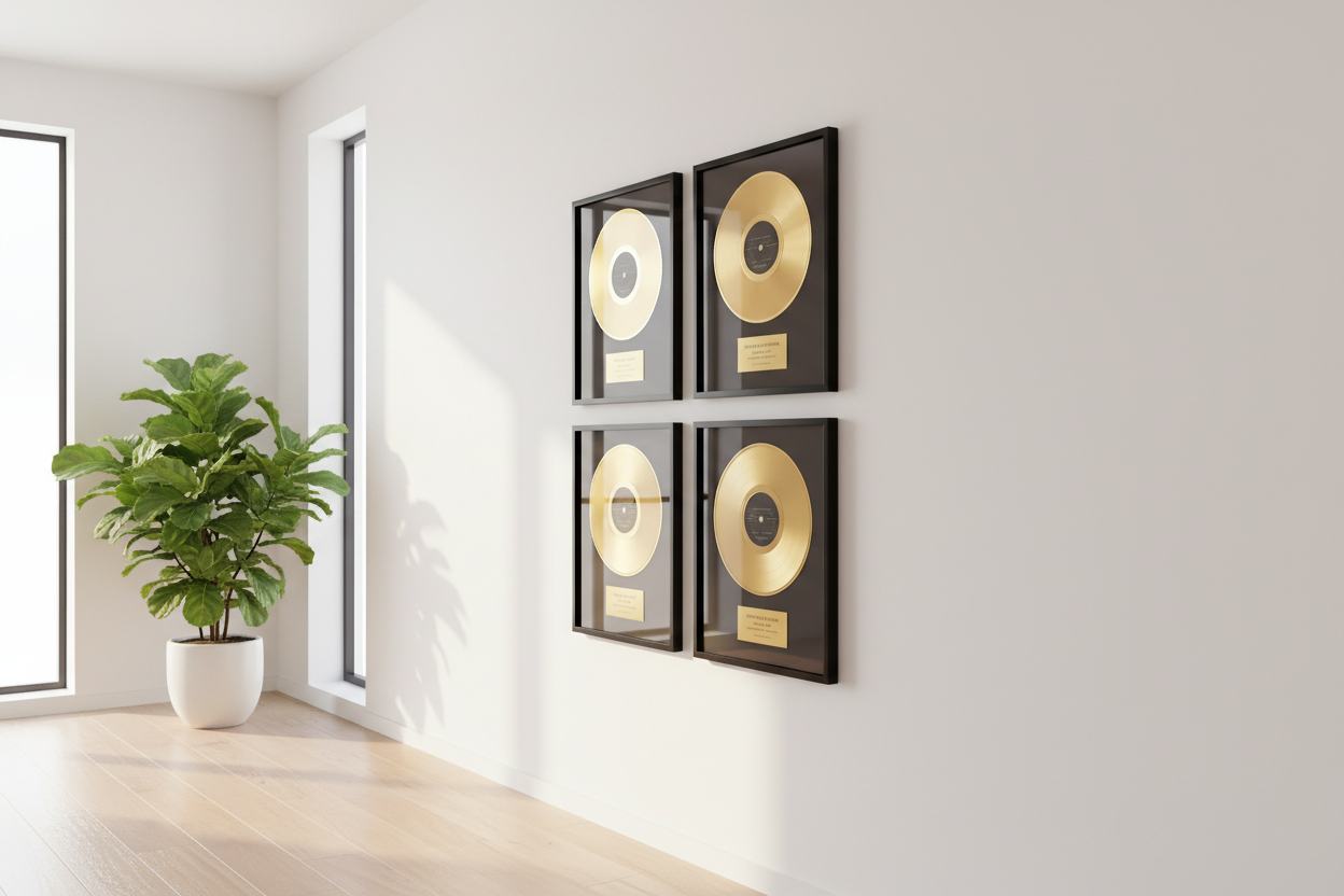 a white hall way with light colour timber flooring with a green plant in the corner. 
On the wall is 4 beautiful looking gold record awards with plaques and centre labels on the records. 
The record frames are black.
The room has nice natural lighting which reflects off the gold records. 
The record awards are 16 wide by 20 " high with a 12" gold record with matt black backing encased in glass so they look premium.

