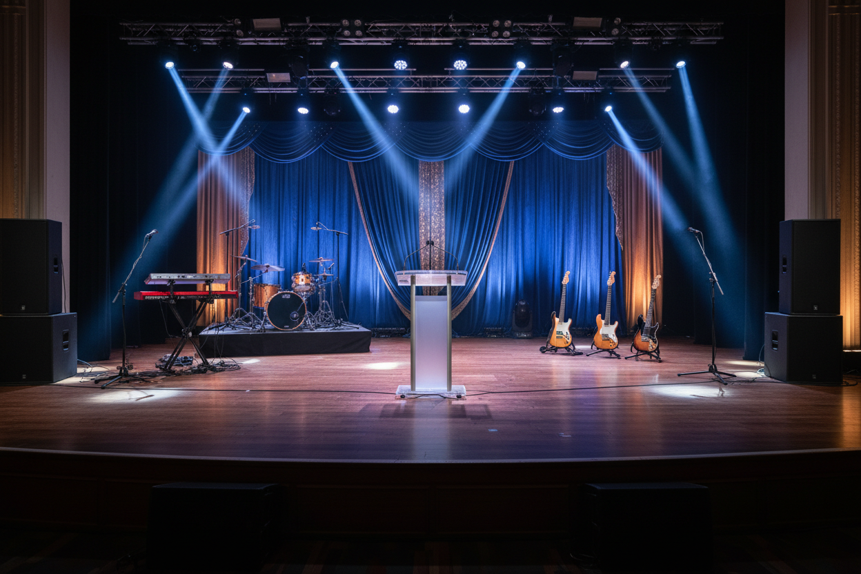 picture of a stage for a corporate awards event with live music. No text and no people