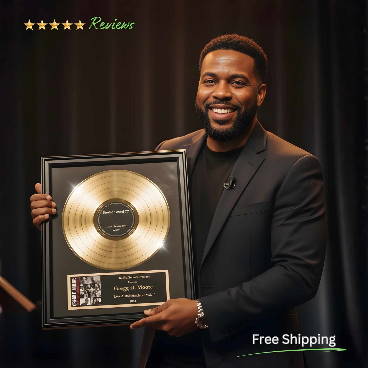 Man holding a gold record award with a dark background